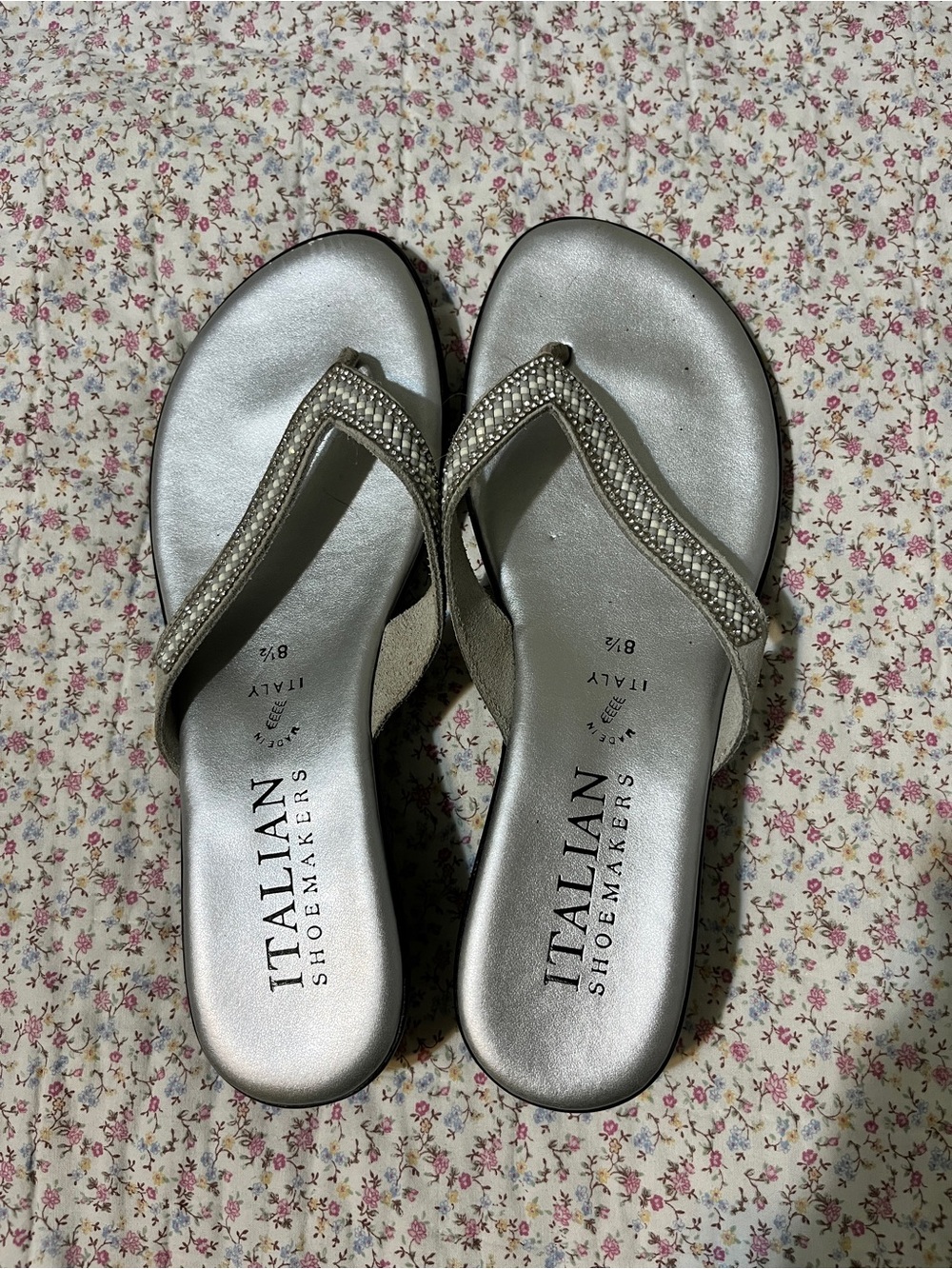 Italian Shoemakers Silver Rhinestone Trim Women's Wedge Sandals. 8.5